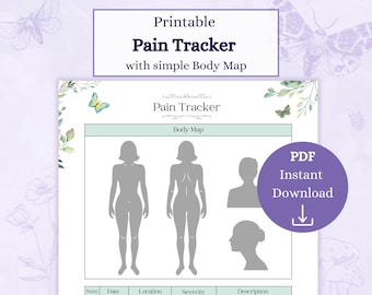 May include: Printable pain tracker with a simple body map. The tracker includes a table with columns for number, date, location, severity, and description. The severity column has a color scale with circles. The body map includes a front and back view of a female figure, as well as a side view of the head.