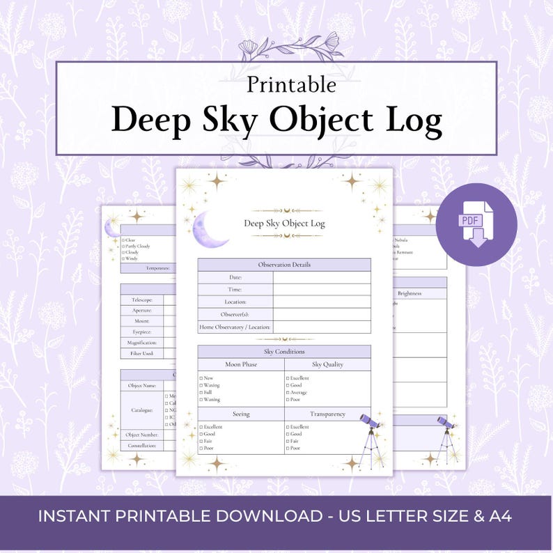 Deep Sky Object Log Printable PDF, Astronomy Observation Journal, Stargazing Log Book, Messier Object Tracker, Telescope Observation Planner image 1