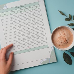 May include: A planner with a grid titled "What to Bring" and a cup of coffee on a blue surface. The planner has sections for "Enjoyment," "Skill Level," "Startup Effort," and "Income Potential." A hand points to the planner.