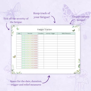 Może przedstawiać: Drukowalny tracker zmęczenia z designem inspirowanym naturą. Tracker zawiera kolumny dla daty, nasilenia, czasu trwania, aktywności/wyzwalacza i środk&oacute;w zaradczych. Kolumna nasilenia zawiera gradient zielonych, ż&oacute;łtych i r&oacute;żowych k&oacute;łek, aby wskazać poziom zmęczenia.