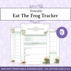 May include: A printable Eat The Frog Tracker document featuring a light purple background with white floral line art. The tracker includes sections for study goals, weekly focus, and task lists, decorated with small illustrations of frogs and mushrooms.