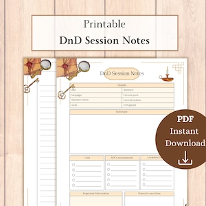 DnD Session Notes Printable PDF | DnD Handouts | DnD Player Journal | DnD Player Notes | DM Starter Kit