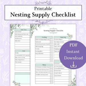 Puede incluir: Una lista de verificación imprimible de suministros para el nido con secciones para la hora del baño, equipo, alimentación, pañales y sueño. El documento incluye un círculo morado con el texto "PDF Descarga instantánea". Decorado con detalles florales.
