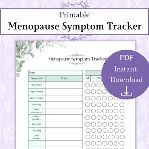 Könnte beinhalten: Ein druckbarer Menopause-Symptom-Tracker mit floralem Design. Das Dokument enthält Abschnitte zur Verfolgung von Symptomen wie Hitzewallungen, Nachtschweiß und Stimmungsschwankungen. Ein violetter Kreis mit dem Text "PDF Sofort-Download" befindet sich rechts.