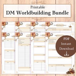 Puede incluir: Paquete de hojas de trabajo imprimibles en PDF para Dungeon Masters. Las hojas de trabajo están diseñadas para ayudar a crear un mundo detallado e inmersivo para juegos de rol. Las hojas de trabajo incluyen secciones para cultura, gremios, ubicaciones, escenografía de construcción de mundos y alineación y conflicto.