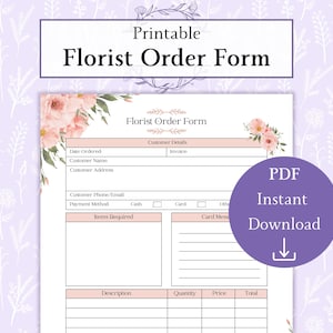 Op de afbeelding: Een afdrukbaar bloemist bestelformulier met een bloemenontwerp. Het formulier bevat velden voor klantgegevens, benodigde artikelen en prijzen. Een paarse cirkel met de tekst "PDF Direct downloaden" staat aan de rechterkant.