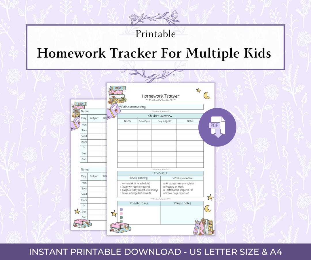 Homework Tracker for Multiple Children Printable PDF, Multi Child ...
