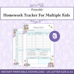 May include: A printable homework tracker for multiple children, featuring a light purple floral design. The tracker includes sections for children's overview, checklists, and priority tasks. The text "Homework Tracker For Multiple Kids" is displayed at the top. A4 size.