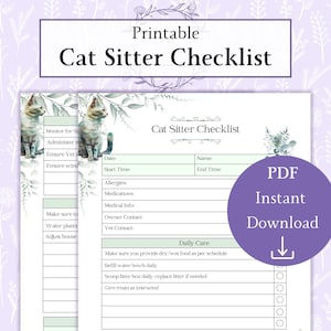 Può includere: Un "Cat Sitter Checklist" stampabile in un design viola e verde chiaro. L'elenco di controllo include sezioni per date, allergie, farmaci e attività quotidiane. È presente anche un cerchio viola con il testo "PDF Instant Download".