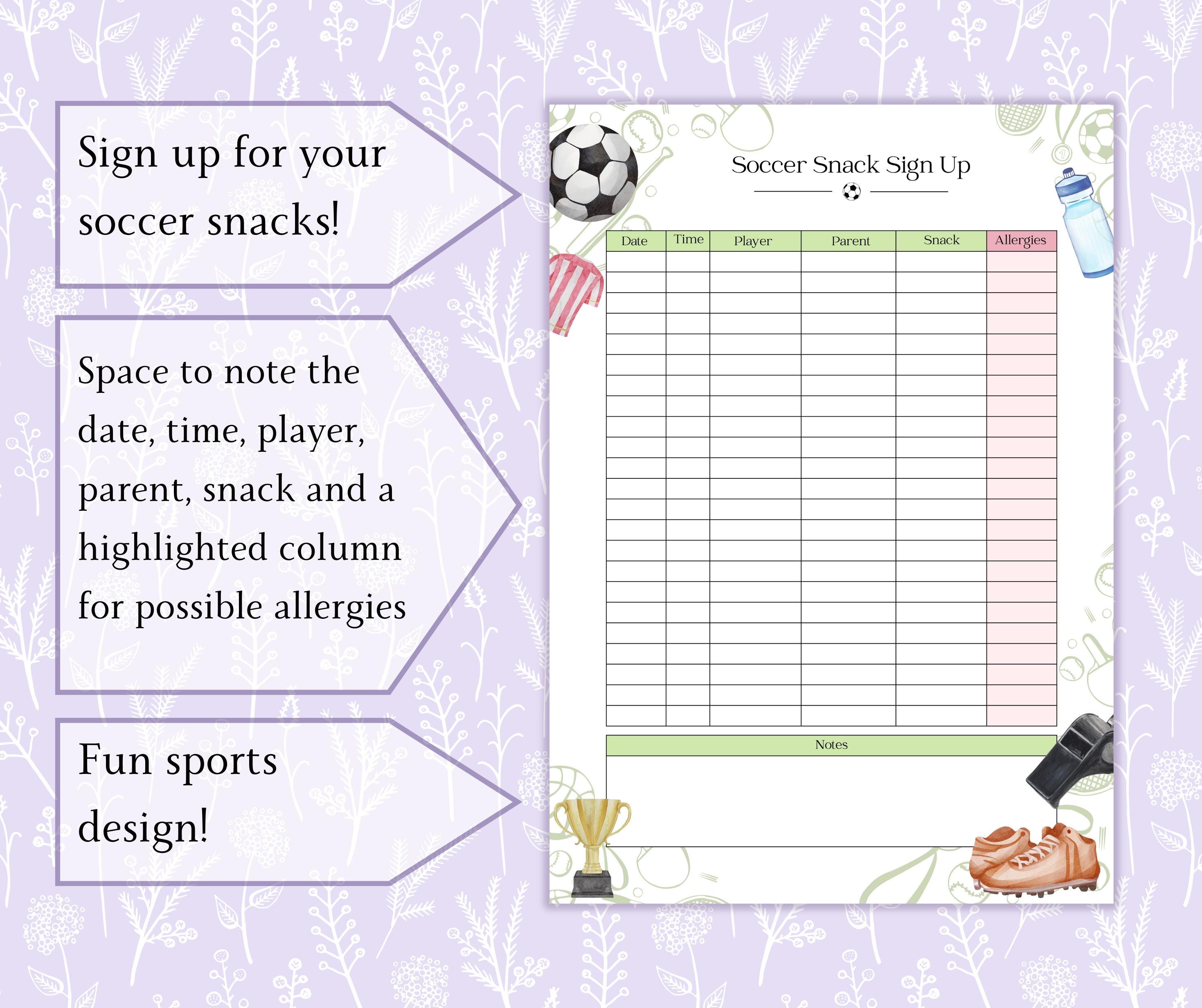 Soccer Snack Sign up Printable PDF | Football Sign up Snack List ...