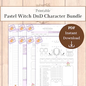 May include: A printable Pastel Witch DnD Character Bundle with a PDF instant download option. The character sheets have a pastel color scheme with witch-themed illustrations. The text includes "DnD Inventory".