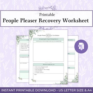Könnte beinhalten: Druckbares Arbeitsblatt zur Genesung von People Pleasern. Die Arbeitsblätter haben ein florales Design und sind im A4-Format. Der PDF-Download enthält Abschnitte zur Erkennung von Mustern und Gründen.