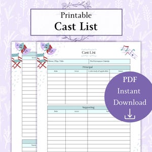 Afdrukbare pdf met castlijst | Cast- en crewlijst | Gegoten plaat voor theaterproductie | Formulier voor podiumplaycastlijst