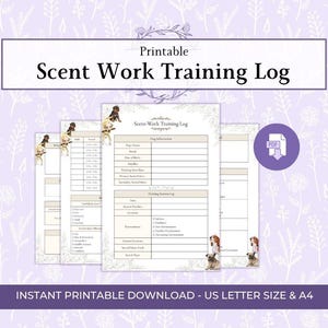 May include: A printable Scent Work Training Log document featuring a light purple background with white floral line art. The form includes sections for dog information and training session logs, decorated with small illustrations of various dog breeds.