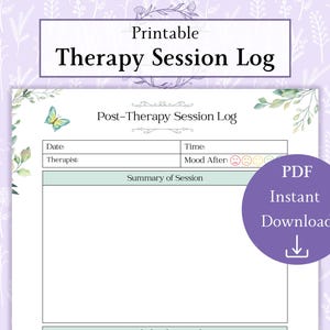 May include: Printable therapy session log with a butterfly graphic. The log includes sections for date, therapist, time, mood after session, and a summary of the session.