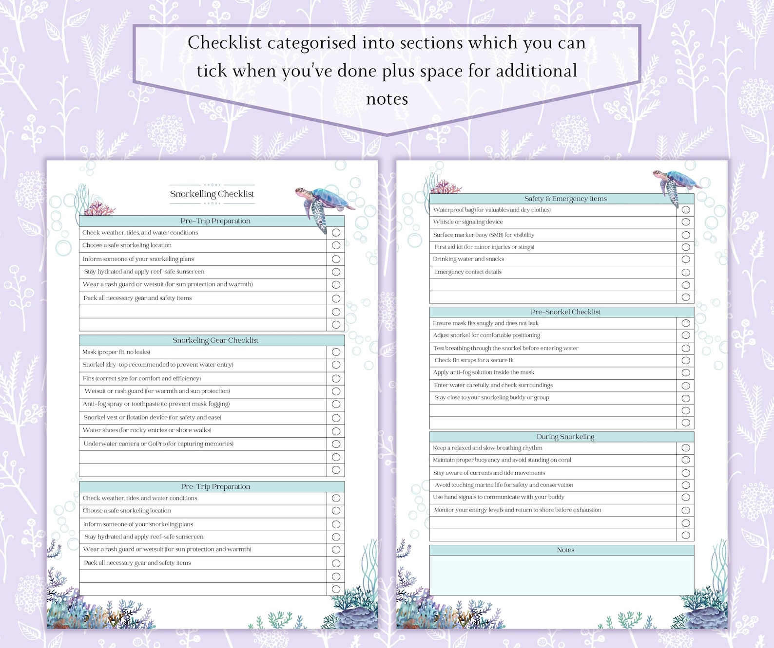 Snorkeling Checklist Printable PDF | Vacation Planner | Snorkel Trip ...