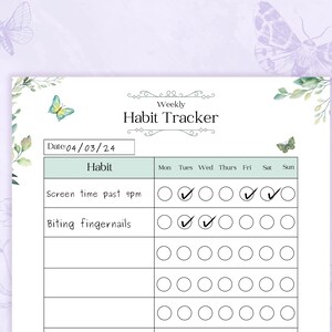 Puede incluir: Un planificador de h&aacute;bitos semanal imprimible con un esquema de color verde y blanco. El planificador incluye un campo de fecha, una lista de h&aacute;bitos y una cuadr&iacute;cula para realizar un seguimiento de los h&aacute;bitos para cada d&iacute;a de la semana. El planificador est&aacute; decorado con mariposas y elementos florales.
