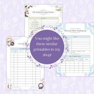 May include: Three printable document templates featuring a Gift Tracker for Large Families, a CD Collection Tracker, and an Electricity Meter Reading Log. A central purple circle contains the text: You might like these similar printables in my shop!