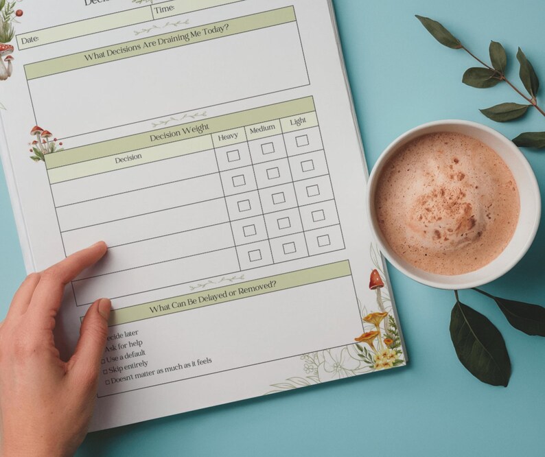 May include: A white planner with green accents and mushroom illustrations, featuring sections for decision-making and a decision weight chart. A cup of coffee sits on a blue surface. The planner includes the text: "What Decisions Are Draining Me Today?"