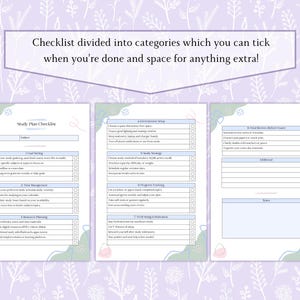 May include: A study plan checklist with sections for goal setting, time management, and review. The checklist is divided into categories with space for notes. The background has a floral design.