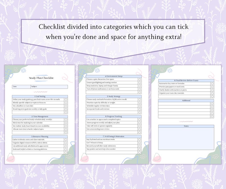 May include: A study plan checklist with sections for goal setting, time management, and review. The checklist is divided into categories with space for notes. The background has a floral design.