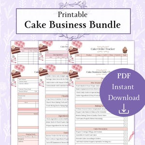 May include: Printable PDF bundle of cake business checklists and trackers. The checklists include pre-work, baking, and cake decoration tasks. The trackers include a cake order tracker and a daily checklist.