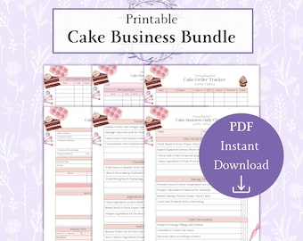 May include: Printable PDF bundle of cake business checklists and trackers. The checklists include pre-work, baking, and cake decoration tasks. The trackers include a cake order tracker and a daily checklist.