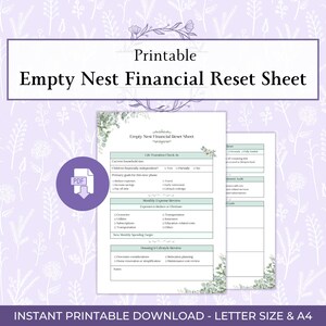 May include: Printable "Empty Nest Financial Reset Sheet" with a PDF icon. The sheet includes sections for life transition check-in, monthly expense review, and housing and lifestyle review. The text "INSTANT PRINTABLE DOWNLOAD - LETTER SIZE & A4" is at the bottom.