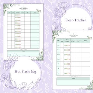 K&ouml;nnte beinhalten: Zwei bedruckbare Seiten mit floralen Designs. Eine ist ein "Hot Flash Log" mit Spalten f&uuml;r Datum, Uhrzeit, Intensit&auml;t, Ausl&ouml;ser und Notizen. Die andere ist ein "Sleep Tracker" mit Spalten f&uuml;r Tag, Schlafstunden, Schlafqualit&auml;t und Notizen.