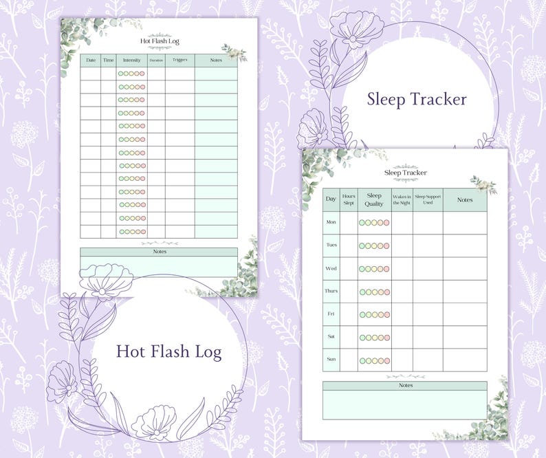 K&ouml;nnte beinhalten: Zwei bedruckbare Seiten mit floralen Designs. Eine ist ein "Hot Flash Log" mit Spalten f&uuml;r Datum, Uhrzeit, Intensit&auml;t, Ausl&ouml;ser und Notizen. Die andere ist ein "Sleep Tracker" mit Spalten f&uuml;r Tag, Schlafstunden, Schlafqualit&auml;t und Notizen.