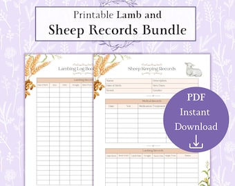 Könnte beinhalten: Druckbarer Lamm- und Schaf-Aufzeichnungs-Logbuch-Paket. Der digitale Download enthält zwei Seiten mit einer Aquarell-Illustration von Weizen und einem Lamm. Die erste Seite ist mit "Lambing Log Book" betitelt und die zweite Seite mit "Sheep Keeping Records".