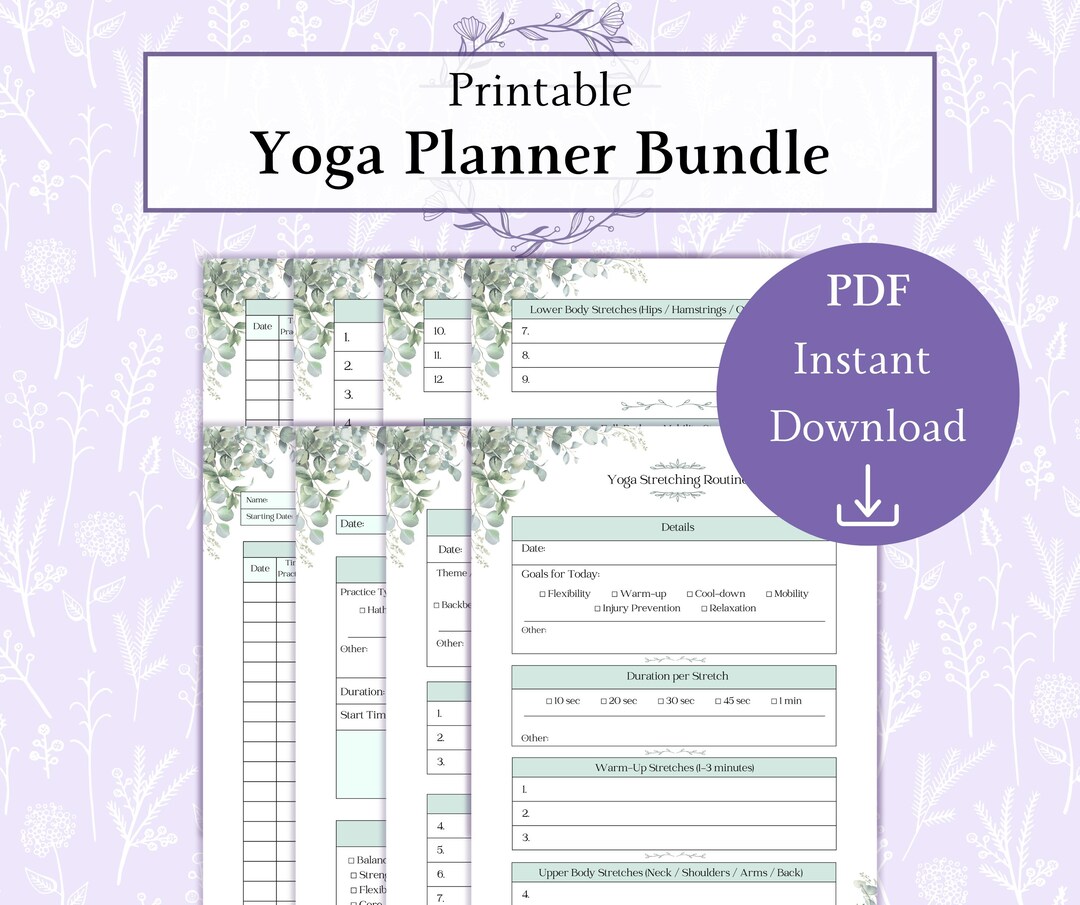 Yoga Bundle Printable PDF, Yoga Tracker, Pose Cards, Meditation Sheets, Self Care Planner ...