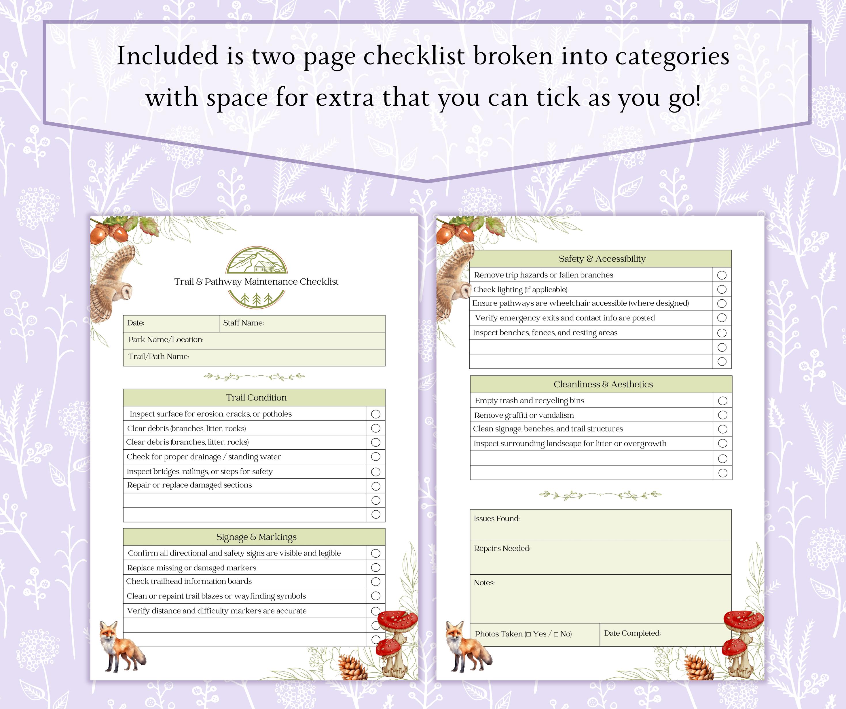 Path Checklist Trail & Pathway Maintenance Checklist Printable PDF, Park Trail ...