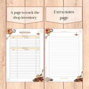 May include: A printable shop inventory page with sections for "Notable Items" and "Other Items". Each section has columns for name, description, and cost. The page has a vintage aesthetic with illustrations of keys, a magnifying glass, and a book.