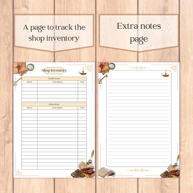 May include: A printable shop inventory page with sections for "Notable Items" and "Other Items". Each section has columns for name, description, and cost. The page has a vintage aesthetic with illustrations of keys, a magnifying glass, and a book.