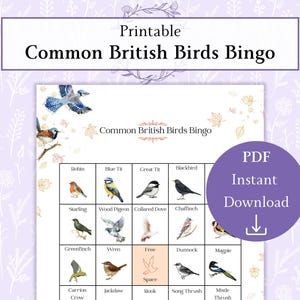 Op de afbeelding: Een printbaar bingospel met de titel "Common British Birds Bingo" met aquarel illustraties van verschillende vogelsoorten. Het spel bevat een PDF instant download optie, met een paarse cirkel.