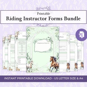 May include: A printable Riding Instructor Forms Bundle featuring multiple pages with light green borders, floral accents, and watercolor horse illustrations. The central page displays the text Riding Instructor Planner For. Includes US Letter size.