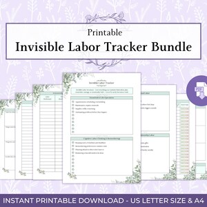May include: A printable "Invisible Labor Tracker Bundle" with a floral design. The bundle includes several pages with checklists and sections for tracking household tasks and cognitive labor. The text "Instant Printable Download - US Letter Size & A4" is visible.