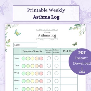 Afdrukbare pdf astmalogboek | Wekelijkse astmatracker | Symptoomtracker | Medicatielogboek | Medische tracker | Astmagrafiek
