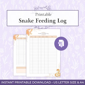 May include: Printable Snake Feeding Log in US Letter size and A4. The log features a detailed layout for tracking snake feeding habits. The design includes decorative snake illustrations and a PDF icon. The background is a light purple with floral patterns.