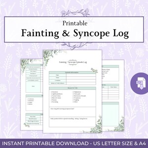 May include: Printable Fainting & Syncope Log with episode information, symptoms, and space for notes. The design features a floral border and the text "Instant Printable Download - US Letter Size & A4".