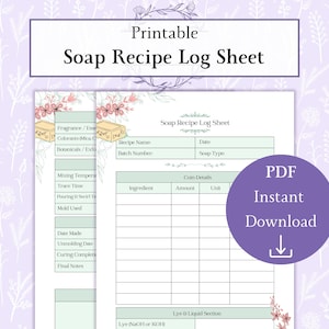 Può includere: Un foglio di registro delle ricette di sapone stampabile con un design floreale. Il foglio include sezioni per il nome della ricetta, gli ingredienti e le note. Un cerchio viola con il testo "PDF Download istantaneo" e una freccia verso il basso è a destra.