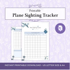 Könnte beinhalten: Ein druckbarer Plane Sighting Tracker mit einem Raster zur Erfassung von Zeit, Kennung, Flugzeugtyp, Fluggesellschaft, Flugnummer, Ort und Notizen. Das Design enthält Flugzeugillustrationen, ein Pass-Symbol und Text.