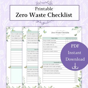 Könnte beinhalten: Druckbare Checkliste mit einem grünen und weißen Blumenmuster. Die Checkliste trägt den Titel "Zero Waste Checklist" und enthält Abschnitte für tägliche Gewohnheiten und nachhaltiges Einkaufen. Die Checkliste ist mit einer Spalte für jeden Tag der Woche und Kontrollkästchen für jeden Punkt formatiert.