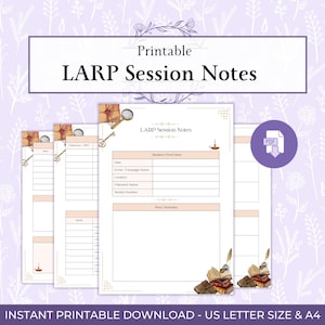 May include: Printable LARP Session Notes in US Letter size and A4. The design features a light purple floral background with several sheets of printable session notes. The notes include sections for session overview, story summary, and character details.