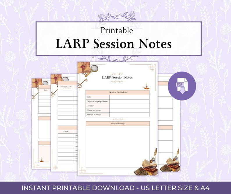 LARP Session Notes Printable PDF, Live Action Roleplay Adventure Log ...