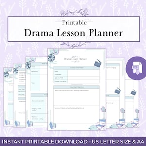 May include: A printable drama lesson planner with a light purple floral background. The planner includes sections for lesson overview, learning objectives, and student activities. The text "Drama Lesson Planner" is displayed prominently. The image also includes a PDF icon.