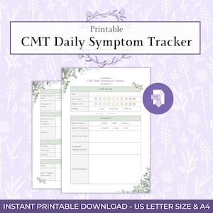 Op de afbeelding: Een afdrukbare CMT Daily Symptom Tracker met een bloemmotief. Het document bevat secties voor dagelijkse beoordelingen en symptoomregistratie. De tekst "CMT Daily Symptom Tracker" staat prominent weergegeven. Beschikbaar in US Letter en A4.