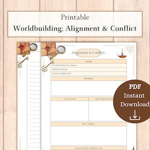 Puede incluir: Hoja de trabajo de creación de mundos imprimible con secciones para detalles, ideologías, gobierno, sistema legal, conflictos clave y sociedades secretes. La hoja de trabajo tiene una estética vintage con acentos dorados e ilustraciones de llaves y una vela.