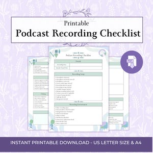 May include: A printable podcast recording checklist document featuring sections for details, recording setup, and environment. The white paper has light green headers, black text, and a purple PDF icon. The background is a light purple floral pattern.